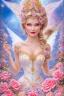 Placeholder: Magnifique woman, lady fairy, facing happy, voluptuous white, pink enchanted flowers, wings magic, long big dress, pink outerspace stars planets, Beautyful smiling, young woman, long hair amazing blue eyes, flowers, happy cosmic, bright colors, blue, pink, gold, jewels, realistic, photo real, clear sunny background, highly detailed, high contrast, 8k high definition, unreal engine 5, extremely sharp detail, light effect, sunny light background