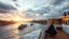 Placeholder: UK oxford street over times river, on wide deck of a big moving ship beautiful lady dancing ,ships in river, cloudy sky,sunset