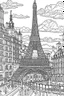 Placeholder: Include illustrations of iconic structures such as the Eiffel Tower,These landmarks are recognized worldwide and offer a sense of grandeur.various architectural landmarks and cityscapes, coloring book page, simple and clean line art, adult drawing book, black and white, crisp black lines, no shades, sharp lines, coloring book for adults, cartoon style, landscape