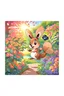 Placeholder: The friendly squirrel holds a blueberry excitingly in the air, the sunlight shining on the blueberry, colorful garden background , child book illustration style, faces must be the same as reference image