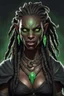 Placeholder: generate a dungeons and dragons character portrait of a female beast-human hybrid with black skin, dreadlocks, green piercing eyes, fangs and a thick nose. She is wearing black clothes and has tusks