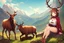 Placeholder: Girl, mountain, sit , deer hoof foot, brown hair, (2: big breasts), deer face