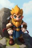 Placeholder: Male Fantasy RPG character, chaabi kawaii Mario proportions, clash of clans and lord of the rings inspiration, small Vandyke beard, with a ribbon of tickets held out in front, bounding out from behind a large rock, 3/4 view, isometric game