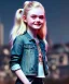 Placeholder: Elle fanning toddler, full body, city background, tatoo denim jacket, floral shirt, dramatic lighting