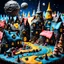 Placeholder: detailed creepy village made of cake frosting, felt, melting steel, strong texture, extreme detail, octane render, stars and planets, Yves Tanguy, Max Ernst