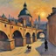 Placeholder: art by "Armand Guillaumin Berthe Morisot", painting, landscape , Feigned The City with arches and domes, at Dawn, Illustration, Hopeless, 70s Science Fiction, Provia, overly complex style