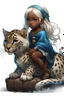 Placeholder: A cute eight-year-old sorceress, with dark skin, straight snow-white hair tied in a braid, with blue eyes, wearing a blue sorcerer gown, riding on the back of a giant furry leopard cat.