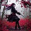 Placeholder: Petit girl goth, falling pose, fullbody, samurai, iridescent, blood, guts, wildflower, intricate, darkred tones, macro photography,