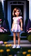 Placeholder: a 5 percent carton like child girl with realistic face and bob hair and makeup in pretty top and short tight and nice shoes,looking like a beautifull lady standing in country side next to country house with flowers,trees.