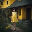 Placeholder: thin 12 year old girl with dark pixie cut hair, blue eyes, wearing a pretty yellow summer dress, outside a small house , photorealistic, dark fantasy