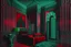 Placeholder: dark Emerald and red art deco inspired new york city vampire apartment in the 1980s