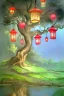 Placeholder: tree in a magical forest, aquarell, lanterns hanging on the tree