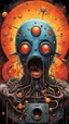 Placeholder: sinister surreal horror Pac-man avatar with eyes clamped open like in Clockwork Orange forcing it to watch scary videos of Pac-man ghosts while being pumped full of nausea-inducing chemicals, horrible frowny expression, color ink illustration, horror, surreal, gritty by Chris Friel and Zdzislaw Beksinski