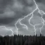 Placeholder: Greyscale forest, sad person, cloudy sky, lightning bolt streaking across sky