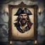 Placeholder: Hyper Realistic vintage view of a portrait frame of an angry pirate with big moustache on a peeling paint wall with candles on wall at night