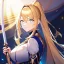 Placeholder: Clear focus, 8k, girl, high quality, detailed, golden long ponytail hair, white eyes, beautiful lighting, vibrant colors, holding sword