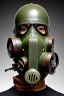 Placeholder: Steam-punk style gas-mask. Large fencing mask covers chin and cheeks. Hood. Reflective surface on face, full coverage, reflective. Head full of integrated old-fashioned cameras and phone. Army green surfaces body, latex. Perfect body, thick thighs and calves. Asa Akira's body. Wide hip, skirt bleats nicely. Partly symmetrical. Straitjacket. Rusty and decayed background. Steam-plunge air-bottles. Euclidean 3D-tiling walls. 5th dimensional surface structures. Oppressive atmosphe