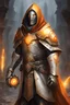 Placeholder: A realistic and photographic warforged cleric of Moradin that looks like a human, with a hood and cloak that are golden white, without pauldrons, with some orange color, without a hammer, without a sword, with a firefly in the right hand and magic with runes in the other, with a medieval battle background, with a more robotic face, with less detailed armor and face, being in the middle of a fight, with shinier armor and a backpack, with more realism and photorealism
