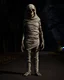 Placeholder: a stalky mummy standing with gaps between the wraps revealing a hollow emptiness, on a treed roadway at night