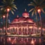 Placeholder: Hyper Realistic areal view of people outside beautiful maroon decorated mosque with garland lights & sky lanterns at rainy night with palm trees, grass patches & water fountains