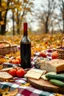 Placeholder: autumn picnic, there is a bottle of wine on the bedspread, fruits and vegetables, cheese and bread, tomatoes, cucumbers,hyperdetalization, premium photos, version 6.1