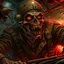 Placeholder: In the style of Heavy metal Magazine, close up of fantastical cursed Zombie World War I (WWI) flying ace with red glowing eyes in cockpit determinedly gripping the airplane yoke, Zombie Red Baron Dogfighter screaming, horror, intricately detailed, complex contrast, dynamic composition; cinematic lighting; meticulously composed concept art, masterpiece, cell-shaded, Zombiecore