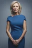 Placeholder: Powerful classical portrait of a modern blonde politician in her late 50s wearing a blue dress standing in a powerful position