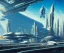 Placeholder: Art by John berkey, Spaceport on a heavy industrialized planet with a futuristic city in the background and a docked spaceship in the foreground, retrofuturistic, buildings with glass facades, insanely detailed, vibrant, 8k uhd, cinematic atmosphere, ultra-wide angle, street level view, brush strokes, blue sky with clouds, sharp focus