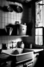 Placeholder: an old-fashioned kitchen in a abandoned farmhouse, cobwebs, lots of mouses sitting in the sink, black and white photograph, close-up view, high contrast, heavily underexposed, extremely sharp, rich in details, close to nature