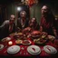 Placeholder: Photograph of a happy year-end dinner of a clique of zombie creatures in Dario Argento style, photorealism