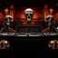 Placeholder: DJ of the damnded, insanely detailed DJ booth in hell, MID set, speakers and equipment made of bone, anatomically correct, add more skulls in th audience, photorealism, vray, 8k 3d