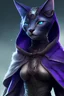 Placeholder: Detailed photo female tabaxi black jaguar sorceress, wearing hood with ears poking through, black fur on face, full body shot with space over head, add white tufts of fur coming out of ears, pretty, green eyes, hyperdetailed painting, black clothes trimmed in purple and silver, 4k resolution concept art, Artgerm, WLOP, Alphonse Mucha, 3d render, octane render, intricately detailed, cinematic, Isometric, Centered hipereallistic cover photo awesome, dark, gritty, realistic mucha, klimt, cinematic