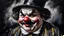 Placeholder: acrylic illustration, acrylic paint, oily sketch,, hdr, close-up, noire tragicomedy, dark room, portrait of (a fat clown:1.1), sad, (clown, powdered face:1.09), thick cheeks, (moustache:1.05), sad smile, 50 years old, messy hair, bowler hat, pale skin, film grain, bokeh, dramatic, (vignette:0.9)