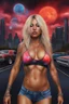 Placeholder: Nosferatits - full body portrait, head to toe, Photorealistic, hyperrealism, Dazzling, Complex, dramatic, bold, attractive Cheyenna the Motley Crue babe, perfect, Athletic, toned body with tanned skin, perfectly formed body, cosmic clouds, neon cityscape, muscle cars, planets, moons, stars, cosmic vortex, bright red, every color in the rainbow, extremely detailed, lipstick, eyeshadow, eyeliner, mascara, rouge, photorealistic, 4k UHD Photograph,