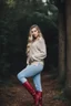 Placeholder: beautiful 18 year old girl with ash blonde hair and blue eyes with her curvy hair down, wearing a long-sleeved woollen top, and lilac long leggings, with long red boots full body standing pose shot