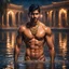 Placeholder: Hyper Realistic handsome Young shirtless muscular short hair Indian king with wet chest bathing in a lake outside traditionally beautiful Indian palace at night