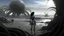 Placeholder: Detailed matte painting of a wide-angle shot of a woman, standing on the right side of an alien beach, with dark hair in a silver robotic catsuit, many large floating creatures with shells and long tentacles, alien jungle trees in the distance