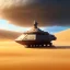 Placeholder: octane render volumetric desert war environment, Ralph McQuarrie style painting of an armored hovercraft with cannon, floating in the air, highly detailed, minutiae, nimbus storm, renderman