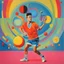 Placeholder: the tennis player juggles his racket: colorful and humorous, quirky avant garde [in oger dean's style] futuristic, neo-dada