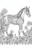 Placeholder: outline art for horse coloring pages with horse and flowers, white background, Sketch style, full body, only use outline, clean line art, white background, no shadows and clear and well outlined