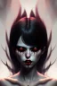 Placeholder: Vampire girl, cute, beautiful, white eyes, red lips, black hair, vampire teeth with bangs, goth, close up portrait by Greg Rutkowski