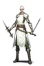 Placeholder: full length, tall 22-year old, shaved head, grey-eyed female cleric with wearing scale mail with a sickle