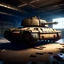 Placeholder: the tank stands at a slight angle, its near track is torn and bulges in front of the tank, the background is light