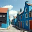 Placeholder: Fotografia di strada assurda e falsa orripilante blu weirdcore dai colori vivaci. Fantasy land. Yves Tanguy. Non luogo falso, inusuale. Max Ernst. Le case sono false e dipinte di nero chiaro con cose stilizzate e dettagli. Ci sono finestrelle false quadrate, che danno un senso distopico e molto surreale, disposte in modo casuale. L'atmosfera generale sembra noiosa e onirica, con un contrasto tra elementi reali ed elementi dipinti falsi, René Magritte, oddest things