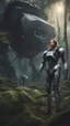 Placeholder: Wide-angle, woman with straight hair, dressed like a robot, with equipment in her hands, next to a crashed spaceship, in a clearing on an alien jungle world