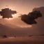 Placeholder: Armored Core machine robot fights another Armored Core fly in the sky in the desert with the ocean where you can see the space in the sky with the twilight on the horizon, 4k resolution