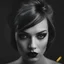 Placeholder: avant-garde photo portrait of a woman with brightly highlighted lips and eyes, stylish hairstyle, hair covering half of her face, masterpiece, black and white photo