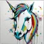 Placeholder: A colorful, abstract and minimal painting of a unicorn. The unicorn has large eyes, a rainbow patchwork fur, with black outline details giving a scribbled effect. the image is in the middle of a white canvas. The background should be clean and mostly white, with subtle geometric shapes and thin, straight lines that intersect with dotted nodes. The style is expressive and textured, reminiscent of outsider art.