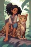 Placeholder: Eleven-year-old mulatto sorcerer, with wavy black hair tied in a braid, hazel eyes, riding on the back of a giant furry leopard cat