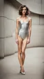 Placeholder: beautiful anorexic woman, total shot, short silver swimsuit, short brunette wavy bob hair, blurred concrete background